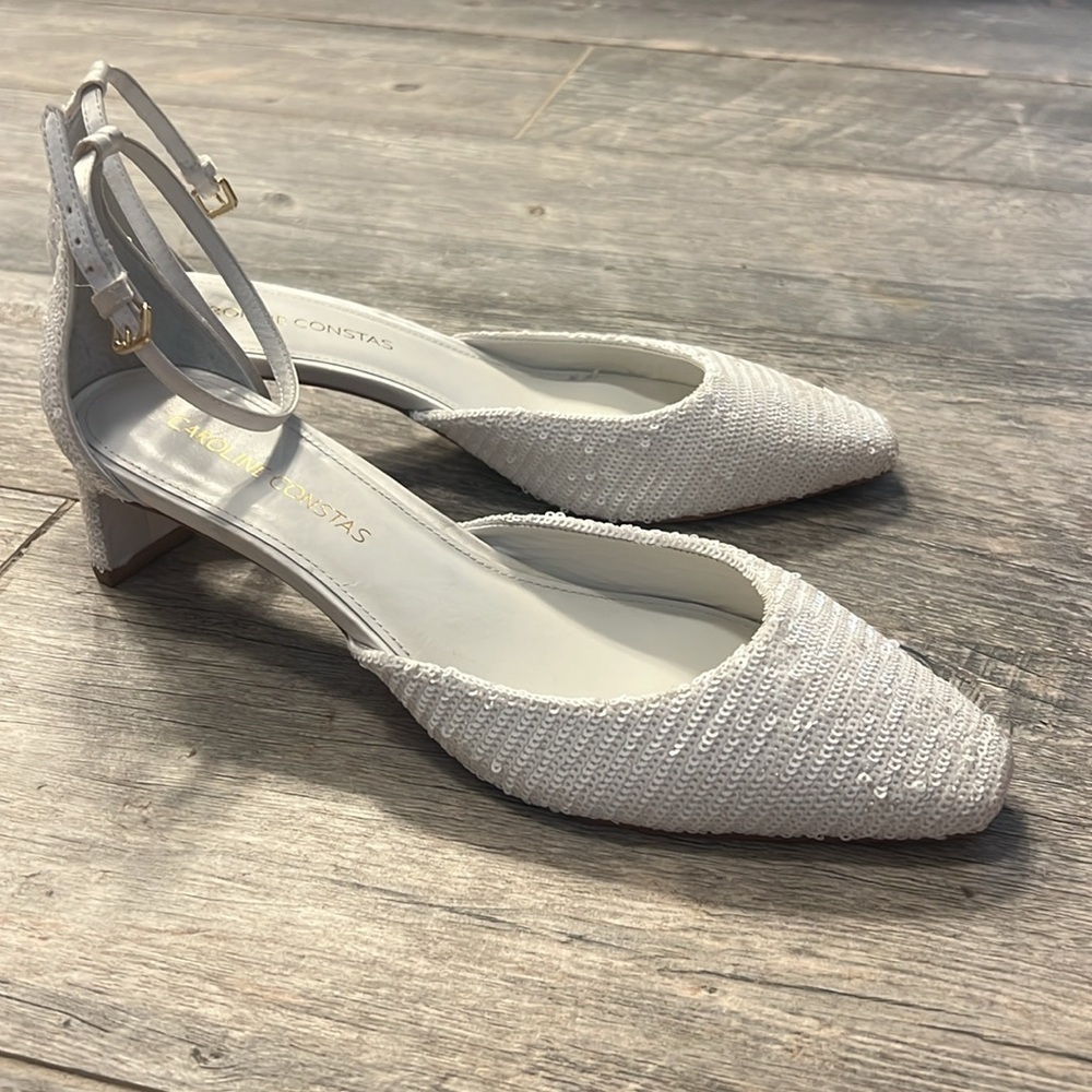 Caroline Constas Glittering Sequined White Heels Shoes - Picture 13 of 16